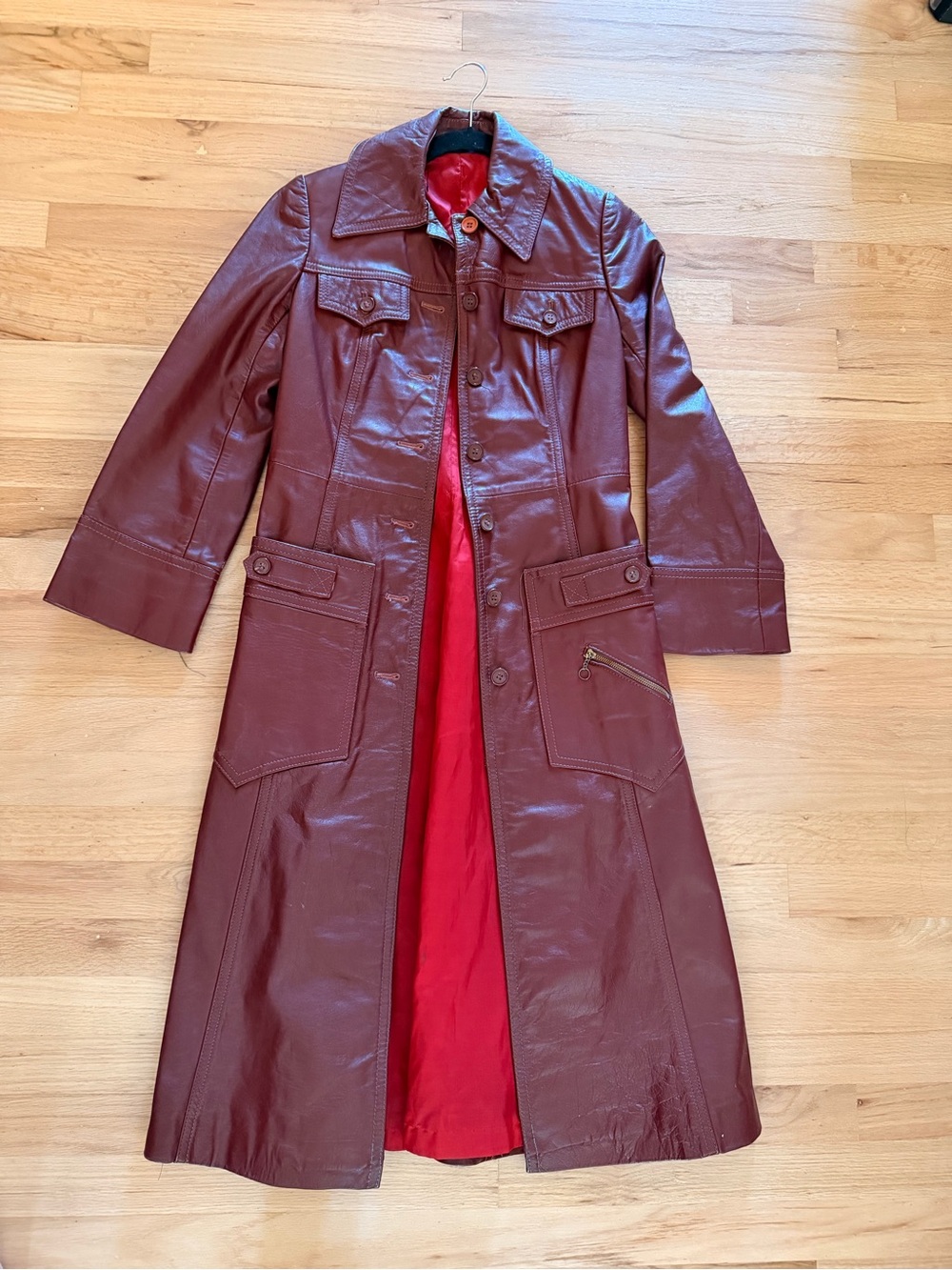 Women's Burgundy Long Leather Coat with Red Lining